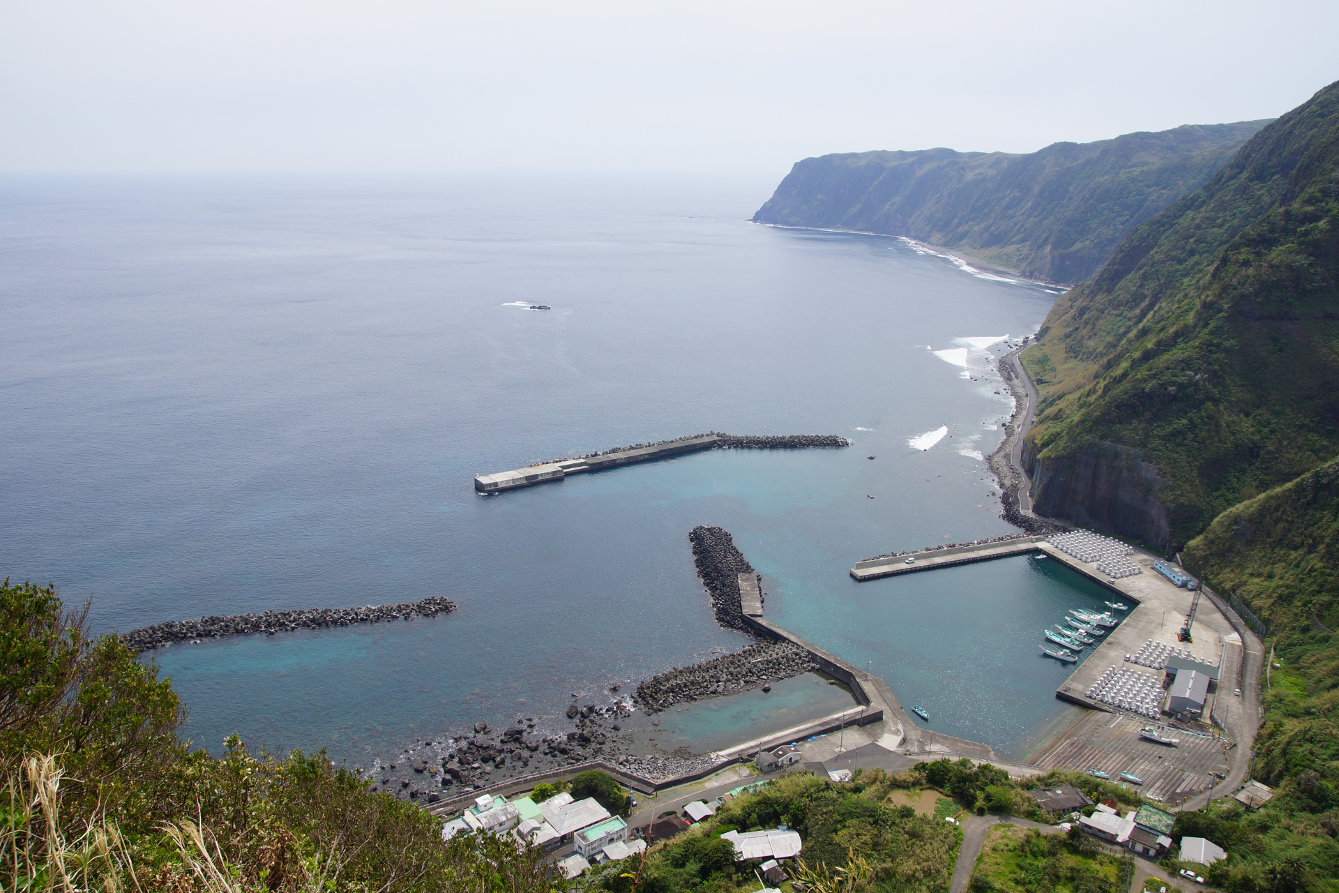 名古の展望台から望む洞輪沢漁港と太平洋